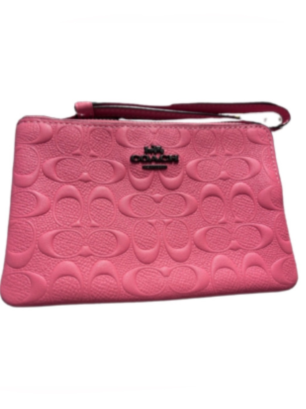 Coach Pink Corner Zip Wristlet featuring signature embossed leather